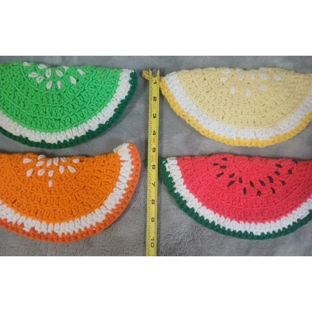4 Handmade Crochet Pot Holders Fruit Slices Orange‎ Lime Lemon Watermelon READ